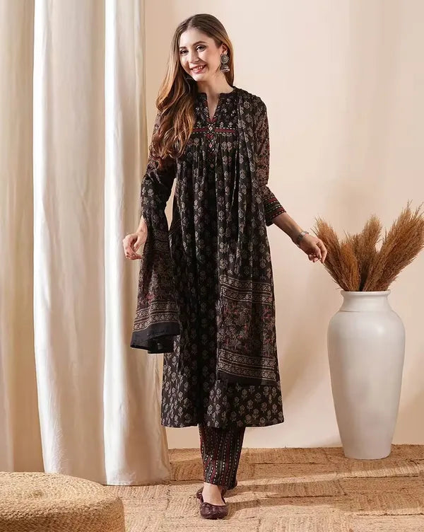 Women's Dark Brown Floral Print Flared Kurta Pant Set with Dupatta