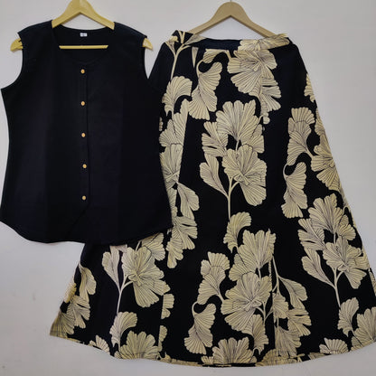 Elegant Black Sleeveless Kurta and Skirt Set with Ginkgo Leaf Print