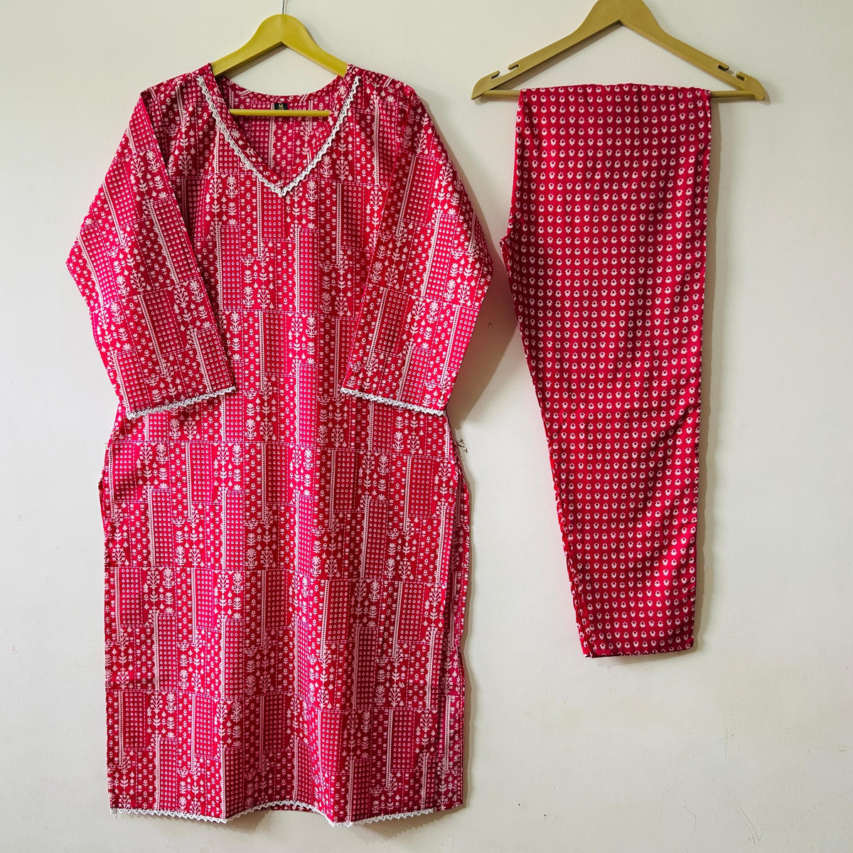 Rani Pink: Fine Printed Straight-Cut Kurta Set in Pure Cotton with Lace Detailing & Dupatta