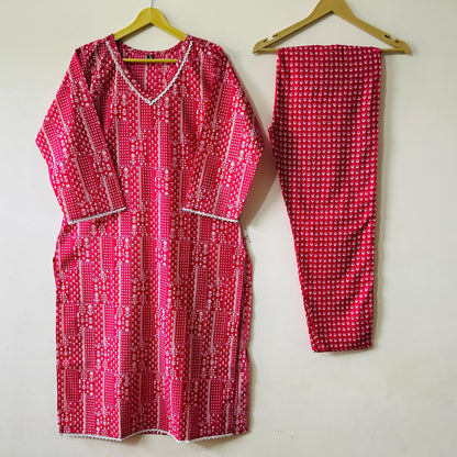 Rani Pink: Fine Printed Straight-Cut Kurta Set in Pure Cotton with Lace Detailing & Dupatta
