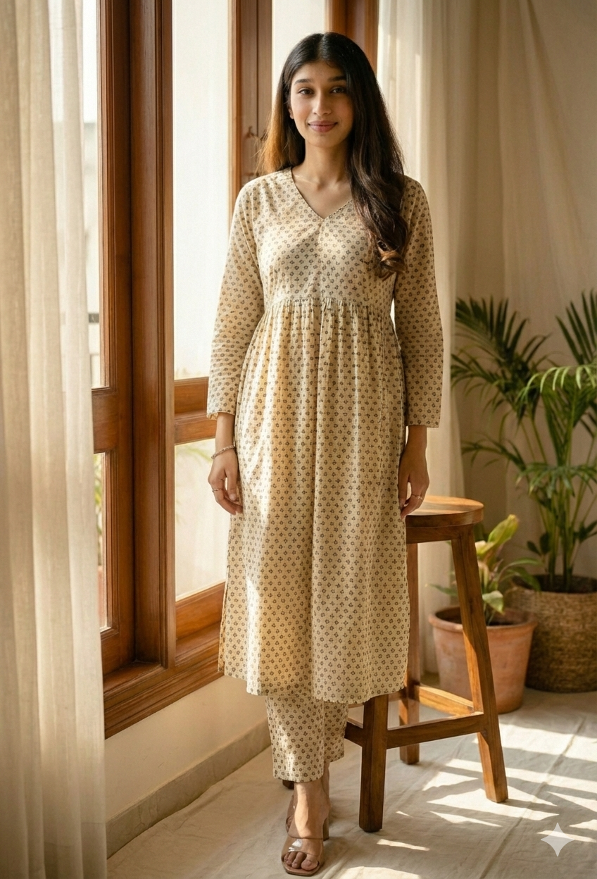 The Breezy Beige Set: Printed Kurta-Pant Duo