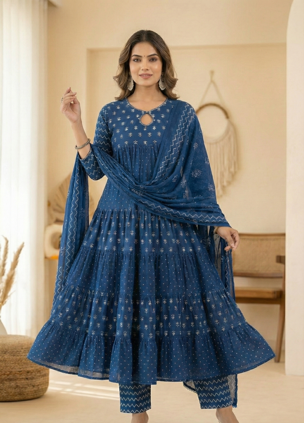 Elevate your everyday ethnic style with this stunning Indigo Blue Tiered Suit Set