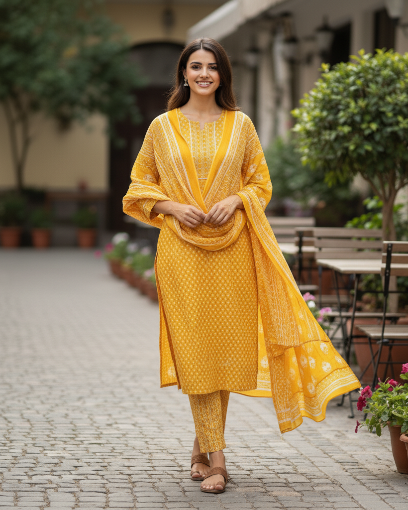 Summer Shine: Premium Cotton Yellow Straight-Line Kurta Set with Printed Dupatta