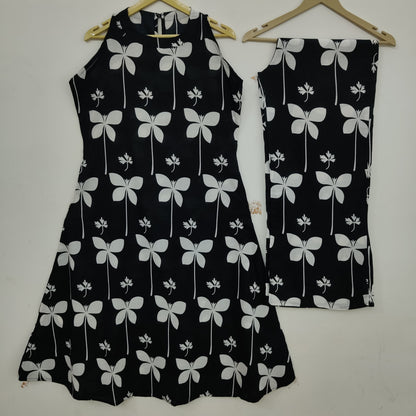 Chic Black & White Butterfly Print Sleeveless Kurta Set