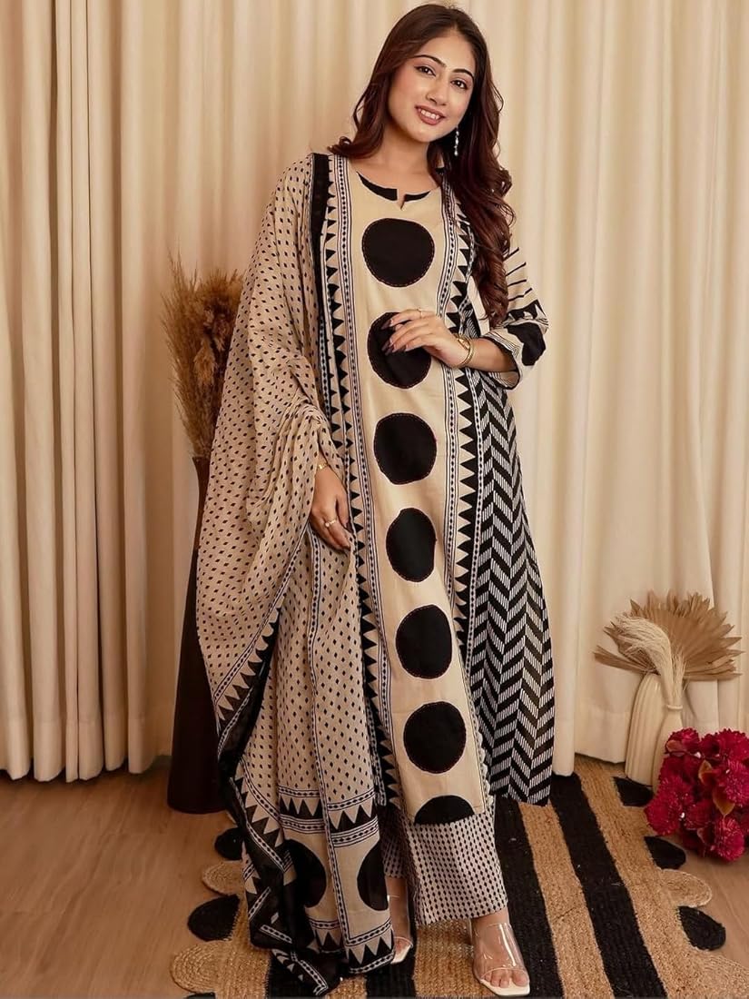Elegant Beige & Black Geometric Printed Kurta Set with Dupatta