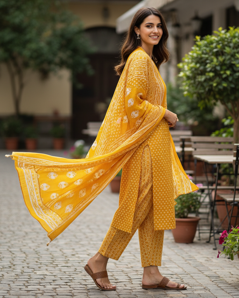 Summer Shine: Premium Cotton Yellow Straight-Line Kurta Set with Printed Dupatta