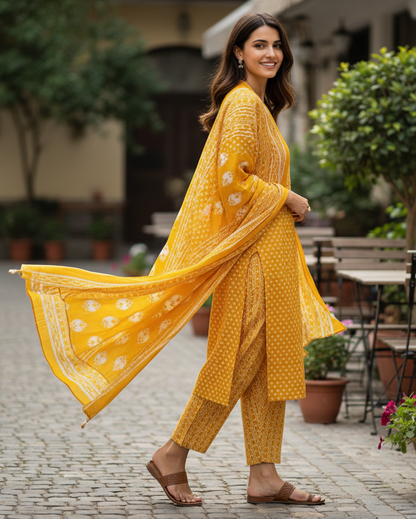 Summer Shine: Premium Cotton Yellow Straight-Line Kurta Set with Printed Dupatta