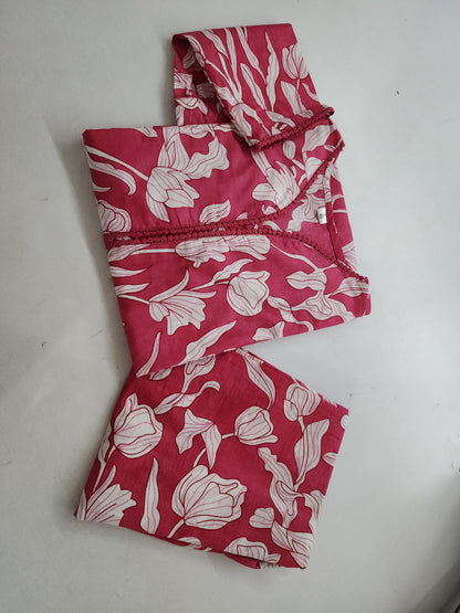 Women's Magenta Purple Floral Vine Print Kurta Pant Set with Lace Detail