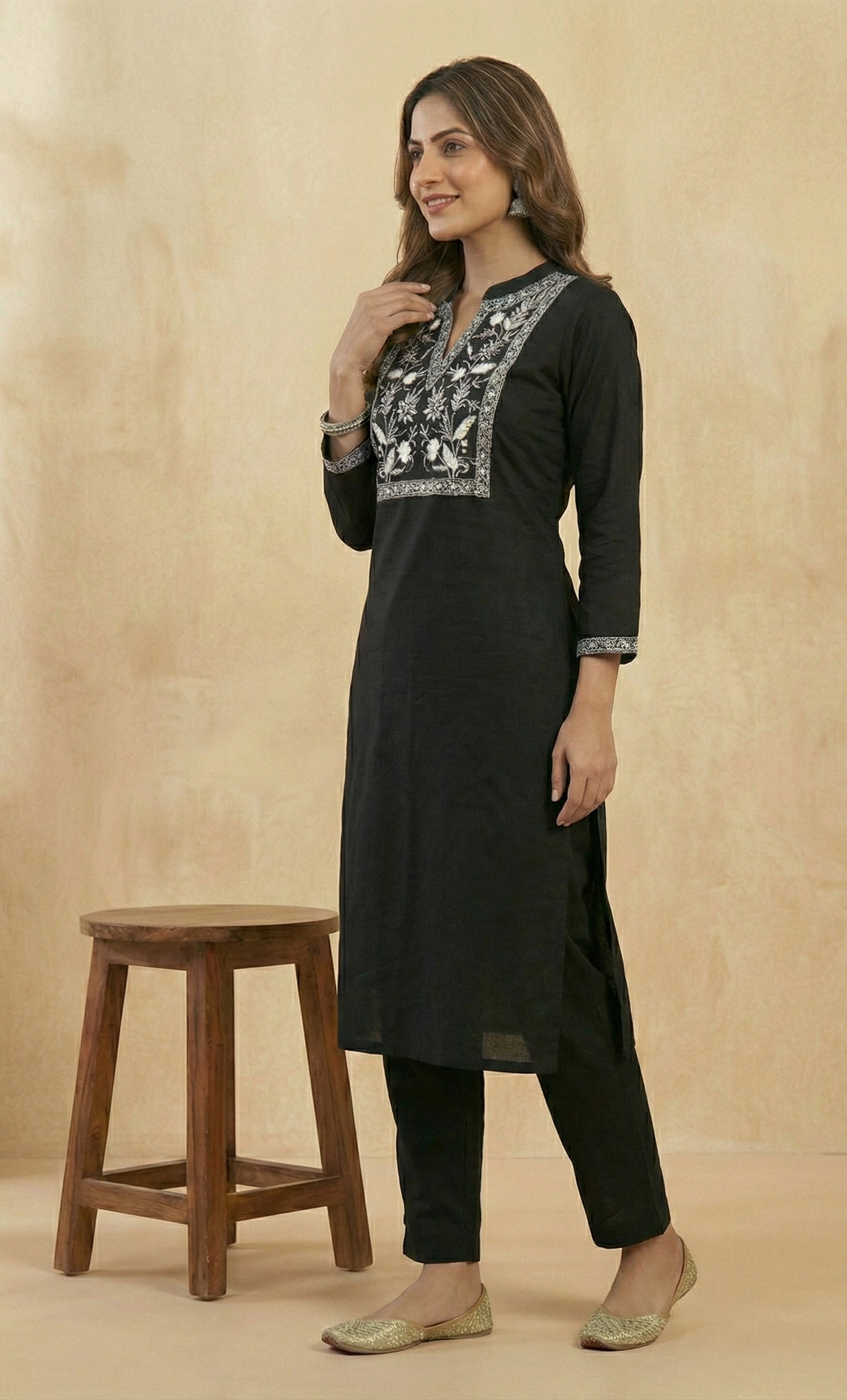 Midnight Noir: Black Straight Kurti Set with White Thread Embroidery