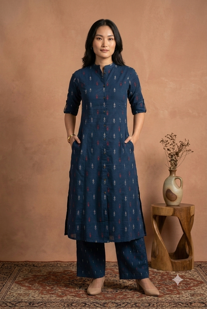 Elegant Indigo Ikat Print Co-Ord Set | Premium Cotton Kurta Tunic & Wide-Leg Pants