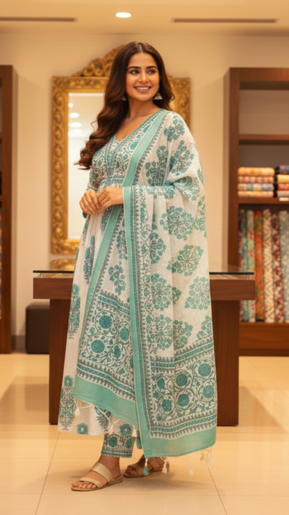 White & Teal Blue Floral Block Print Cotton Anarkali Suit Set with Dupatta