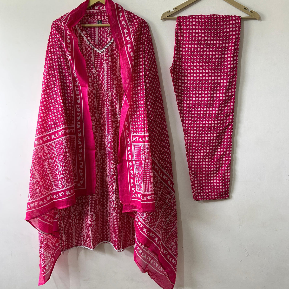 Rani Pink: Fine Printed Straight-Cut Kurta Set in Pure Cotton with Lace Detailing & Dupatta