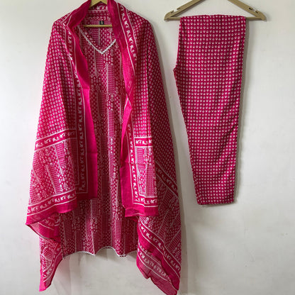 Rani Pink: Fine Printed Straight-Cut Kurta Set in Pure Cotton with Lace Detailing & Dupatta