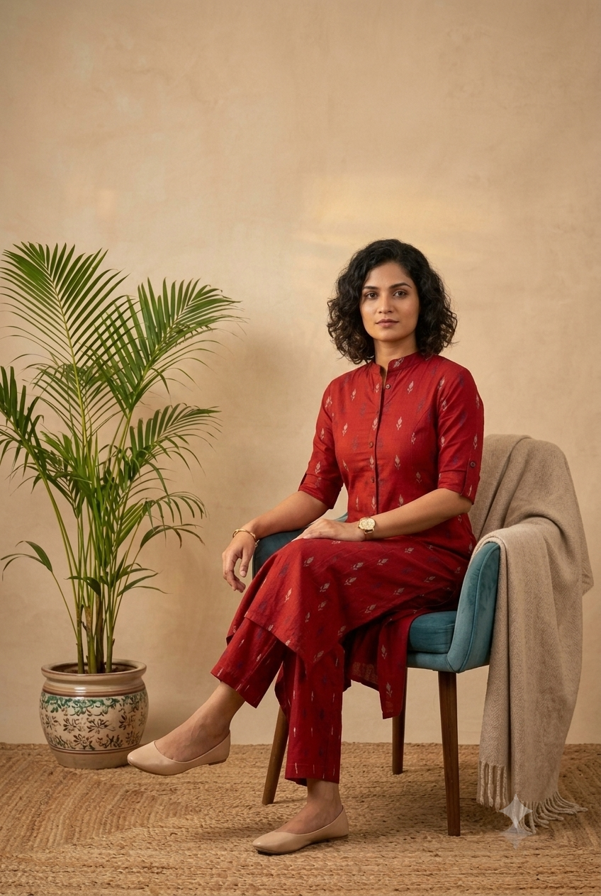 Chic Crimson Ikat Print Co-Ord Set | Premium Cotton Kurta & Straight Pants Trousers