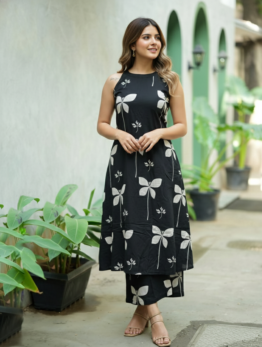 Chic Black & White Butterfly Print Sleeveless Kurta Set