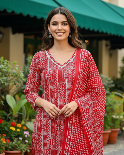 Festive Red: Premium Cotton Straight-Cut Kurta Set with Bandhej-Inspired Print & Dupatta