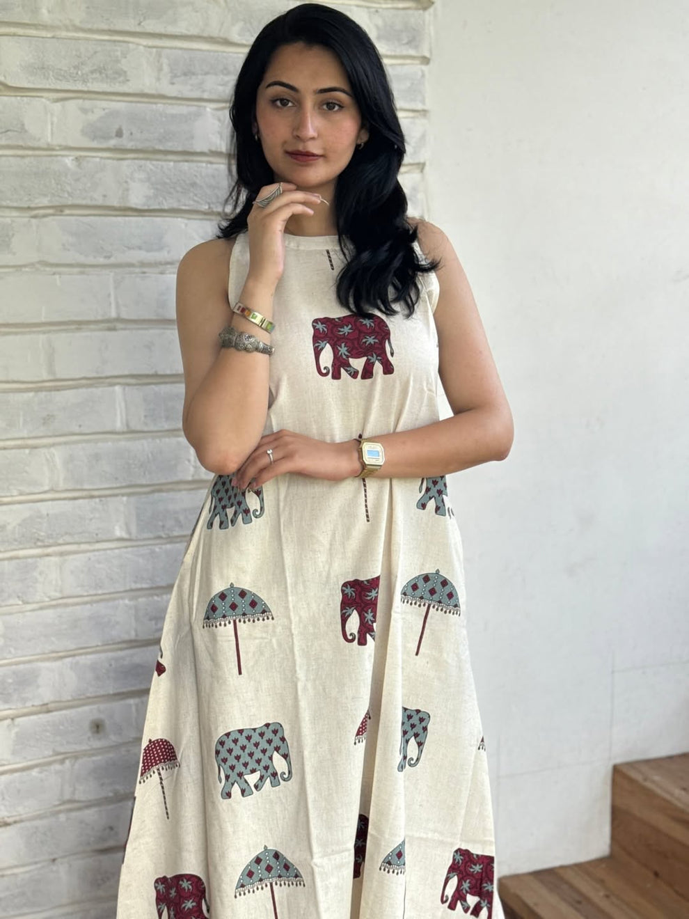 Women's Off-White Elephant Print Sleeveless A-Line Kurta with Palazzo Set