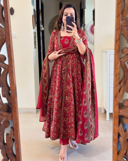 Festive Fusion: Red Block Print Anarkali Set with Flared Jacket & Layered Kurta