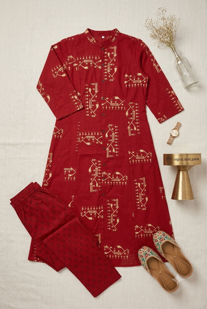 Artisanal Red & Gold Ikat-Inspired Kurta and Pant Set