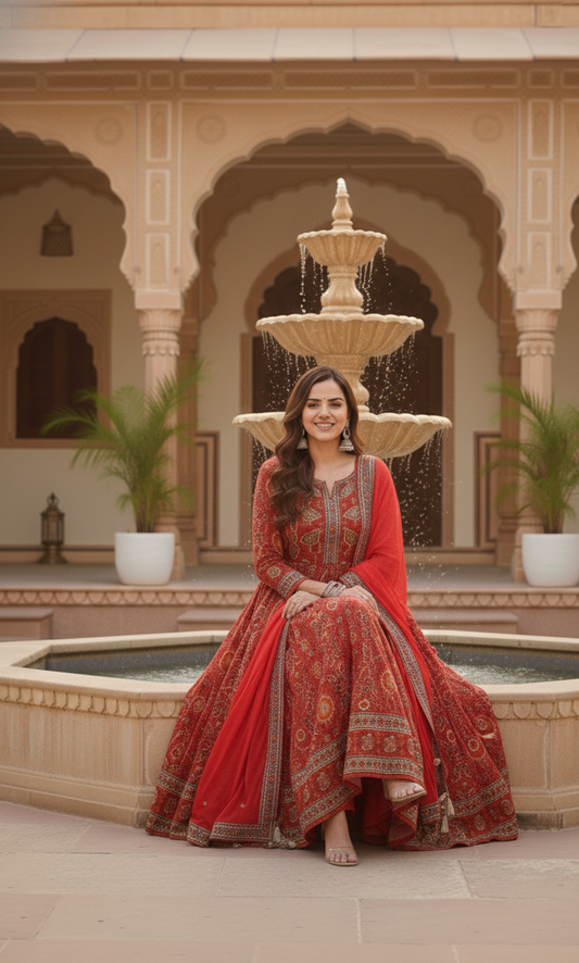 Majestic Red Printed Anarkali Suit Set with Dupatta