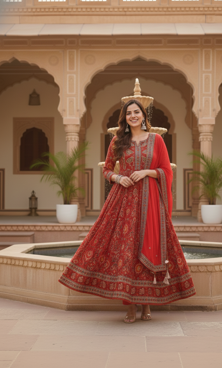 Majestic Red Printed Anarkali Suit Set with Dupatta