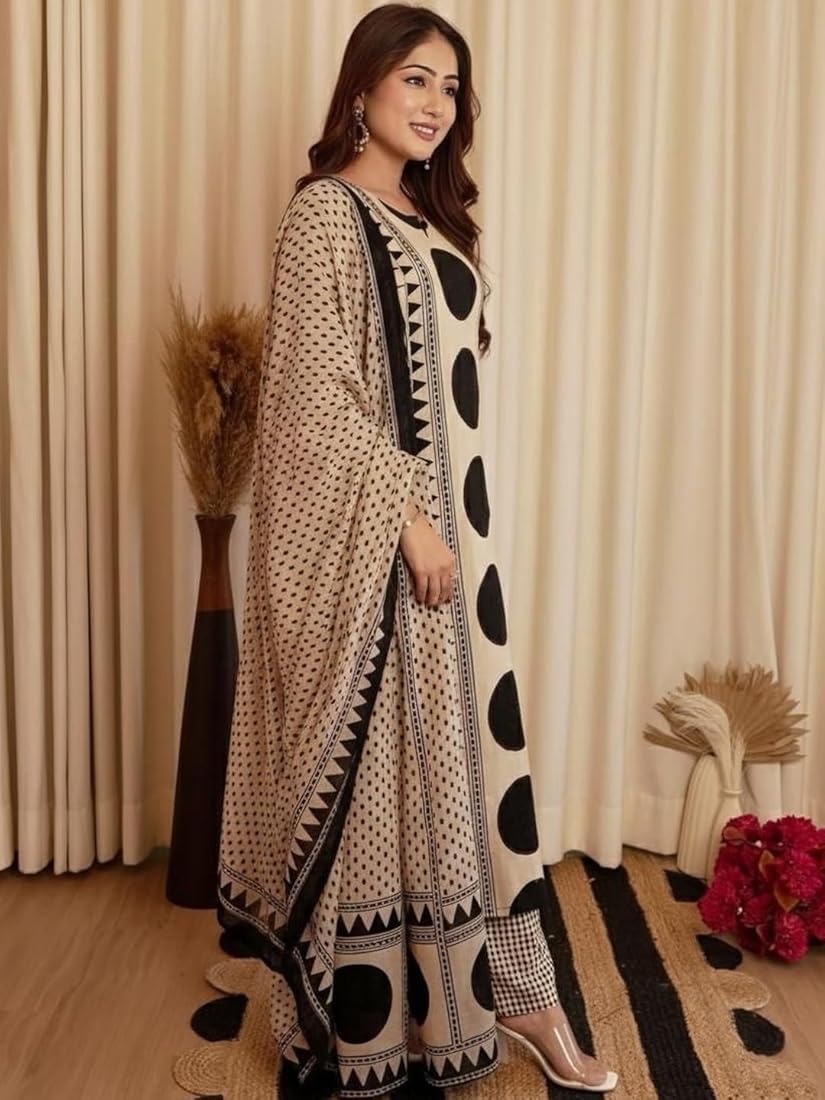 Elegant Beige & Black Geometric Printed Kurta Set with Dupatta
