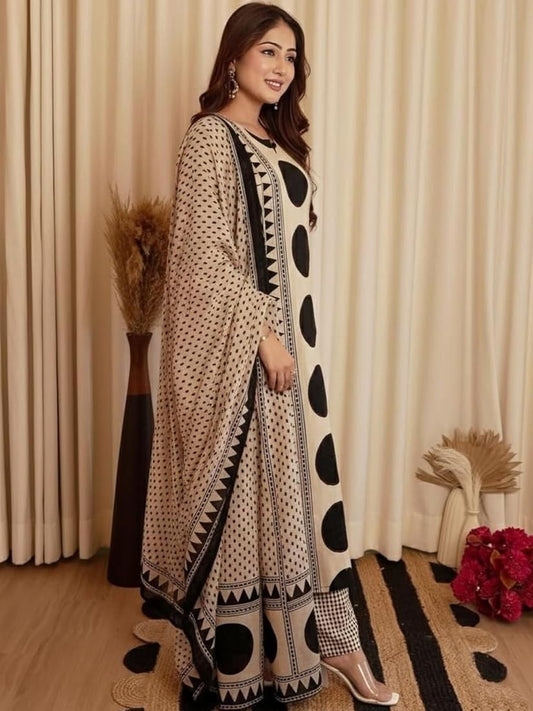 Elegant Beige & Black Geometric Printed Kurta Set with Dupatta