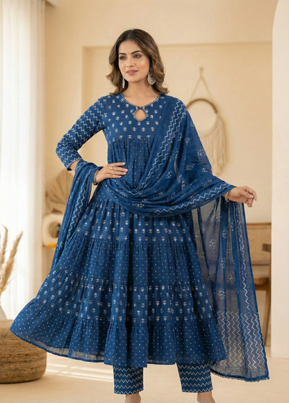 Elevate your everyday ethnic style with this stunning Indigo Blue Tiered Suit Set