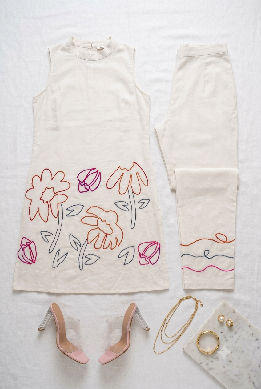 Elegant Hand-Embroidered Co-Ord Set | Sleeveless White Kurta & Trouser Duo