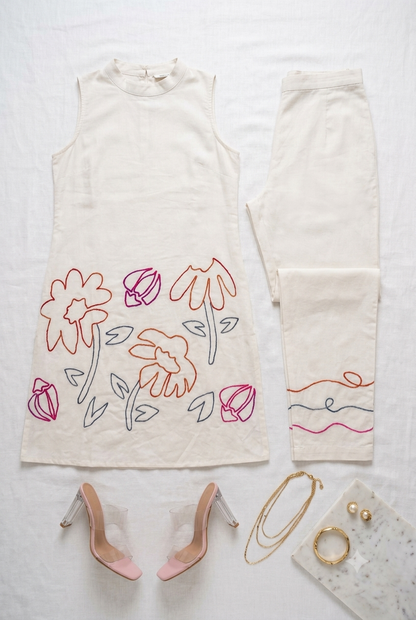Elegant Hand-Embroidered Co-Ord Set | Sleeveless White Kurta & Trouser Duo