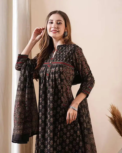 Women's Dark Brown Floral Print Flared Kurta Pant Set with Dupatta