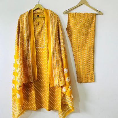 Summer Shine: Premium Cotton Yellow Straight-Line Kurta Set with Printed Dupatta