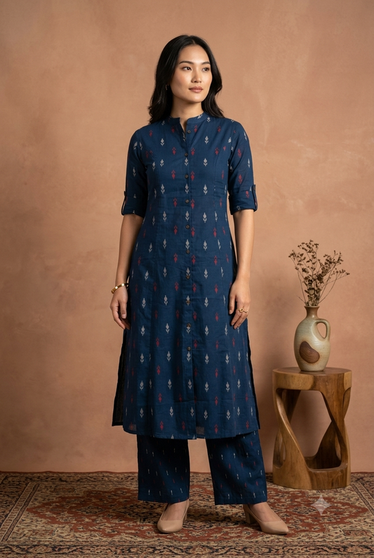 Elegant Indigo Ikat Print Co-Ord Set | Premium Cotton Kurta Tunic & Wide-Leg Pants