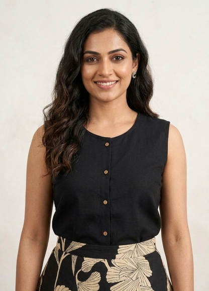 Elegant Black Sleeveless Kurta and Skirt Set with Ginkgo Leaf Print