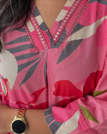 Women's Tropical Floral Print V-Neck Kurta & Pant Summer Co-ord Set