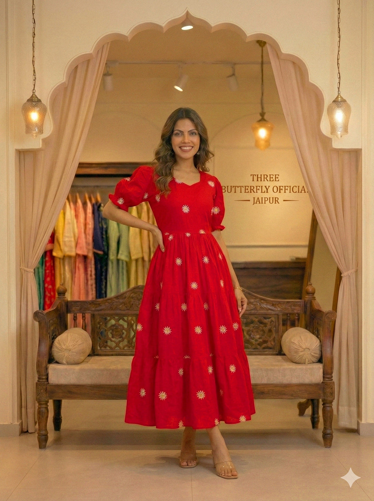 Red Daisy Embroidered Cotton Tiered Midi Dress with Puff Sleeves