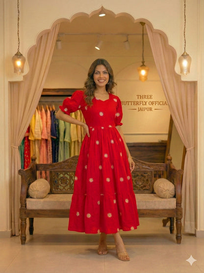 Red Daisy Embroidered Cotton Tiered Midi Dress with Puff Sleeves