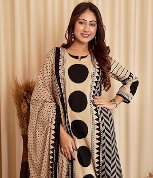Elegant Beige & Black Geometric Printed Kurta Set with Dupatta