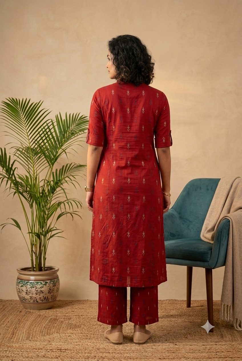 Chic Crimson Ikat Print Co-Ord Set | Premium Cotton Kurta & Straight Pants Trousers