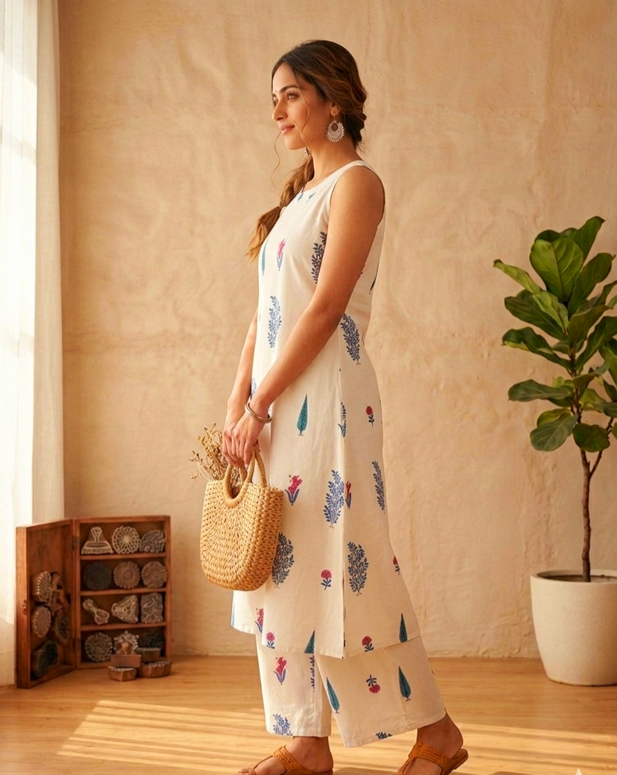 Women's White Floral Print Sleeveless A-Line Kurta with Palazzo Set