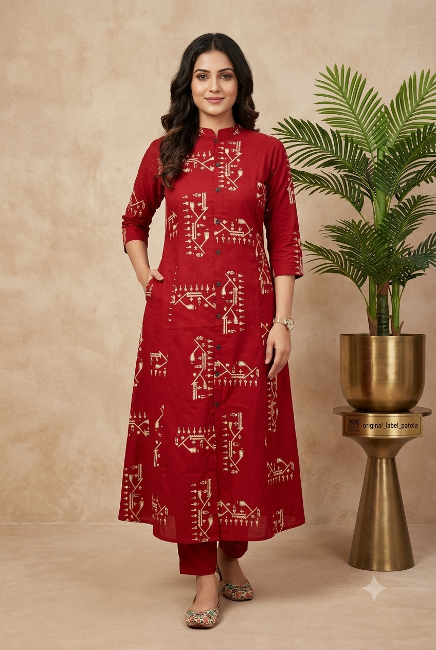 Artisanal Red & Gold Ikat-Inspired Kurta and Pant Set