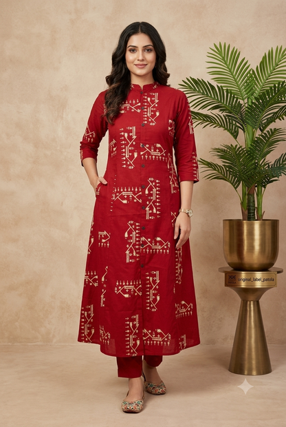 Artisanal Red & Gold Ikat-Inspired Kurta and Pant Set