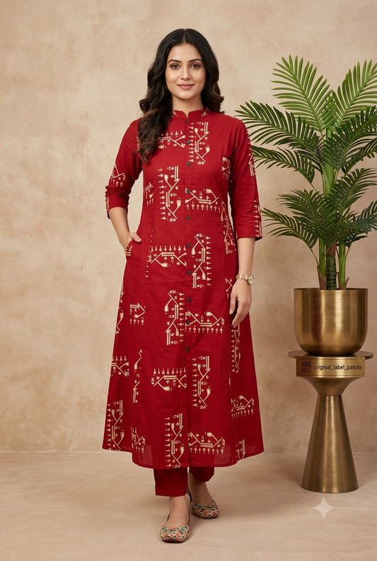 Artisanal Red & Gold Ikat-Inspired Kurta and Pant Set