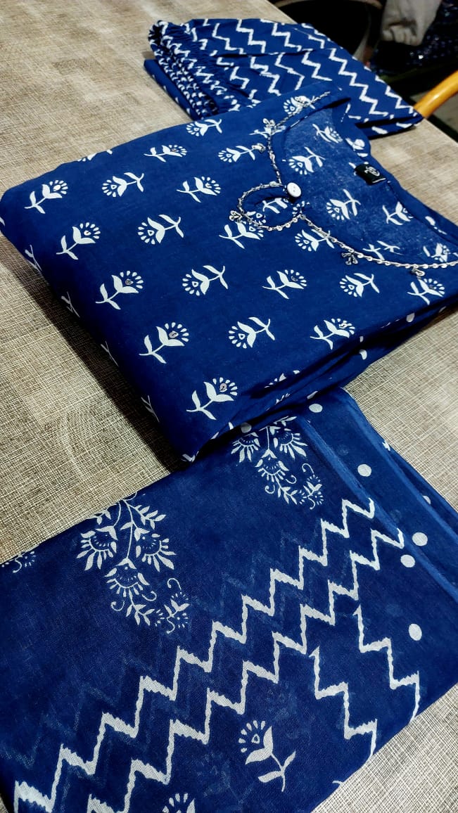 Elevate your everyday ethnic style with this stunning Indigo Blue Tiered Suit Set