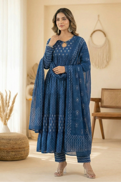 Elevate your everyday ethnic style with this stunning Indigo Blue Tiered Suit Set