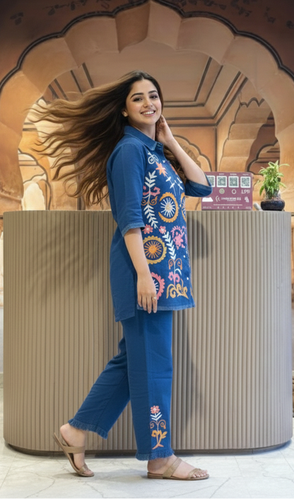 Chic Blue Embroidered Cord Set – Modern Ethnic Style