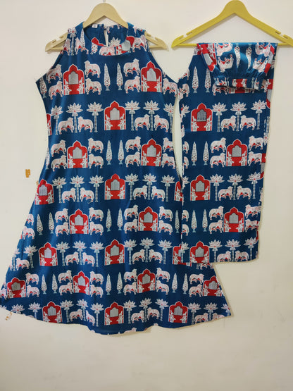 Women's Navy Blue Sleeveless Ethnic Elephant Print Kurta with Pant Set