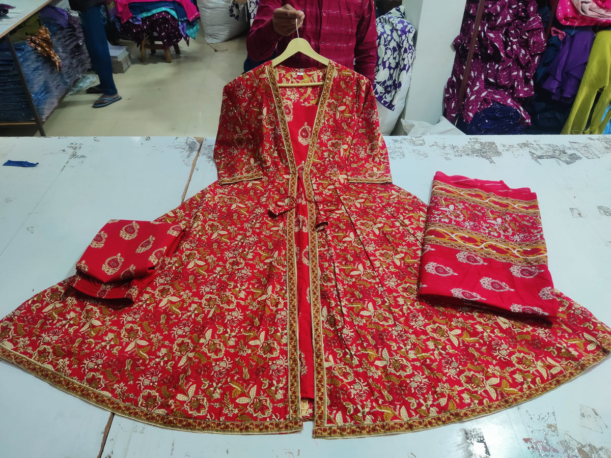 Festive Fusion: Red Block Print Anarkali Set with Flared Jacket & Layered Kurta