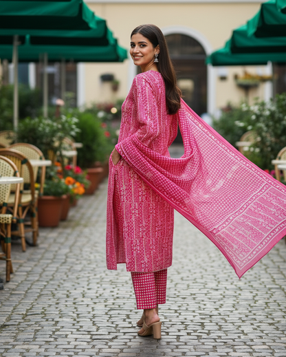 Rani Pink: Fine Printed Straight-Cut Kurta Set in Pure Cotton with Lace Detailing & Dupatta