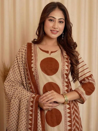 Elegant Beige & Rust Brown Geometric Printed Kurta Set with Dupatta